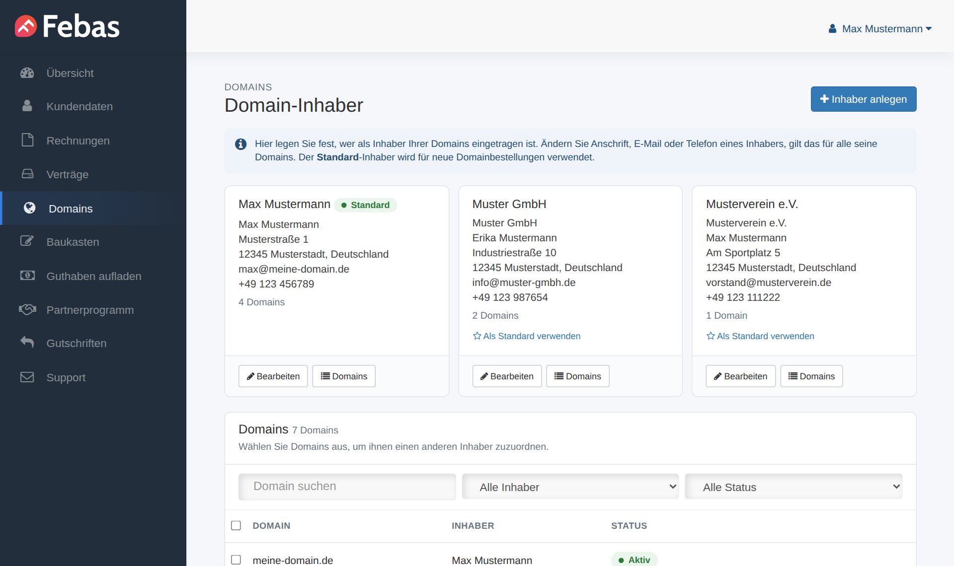 Domain-Inhaber im Febas-Kundenbereich verwalten